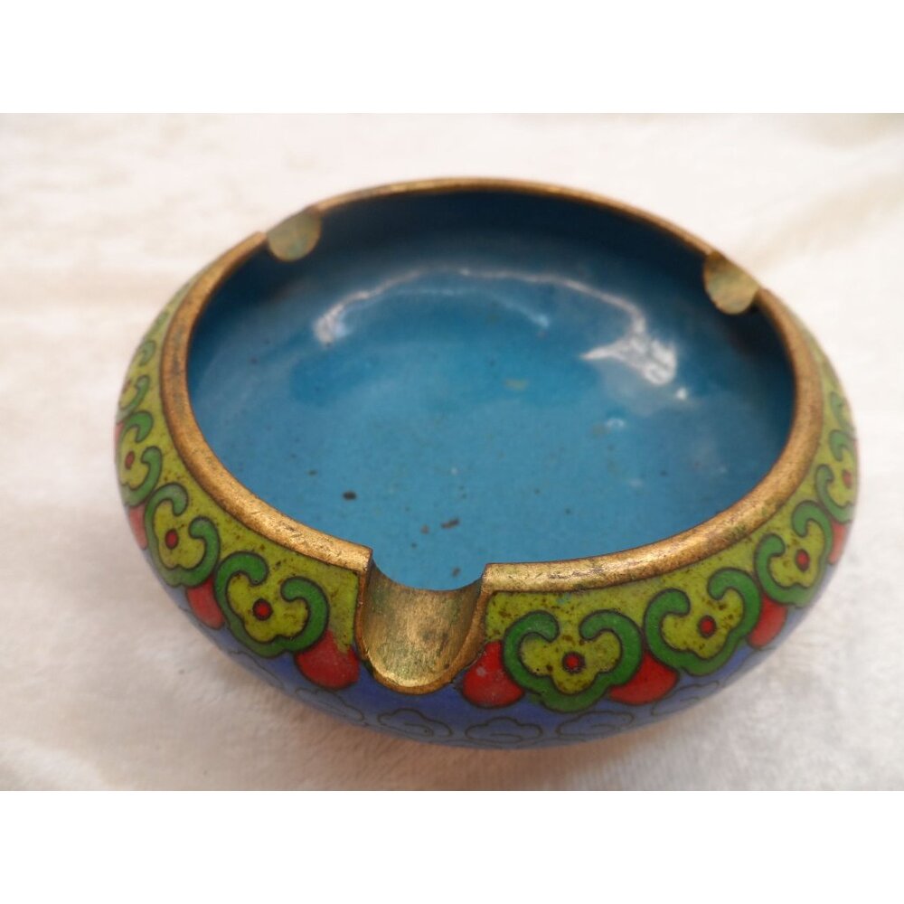 Vintage Chinese Cloisonné Enamel Round Ashtray Blue Floral Trinket Dish 3.5” - Picture 4 of 13